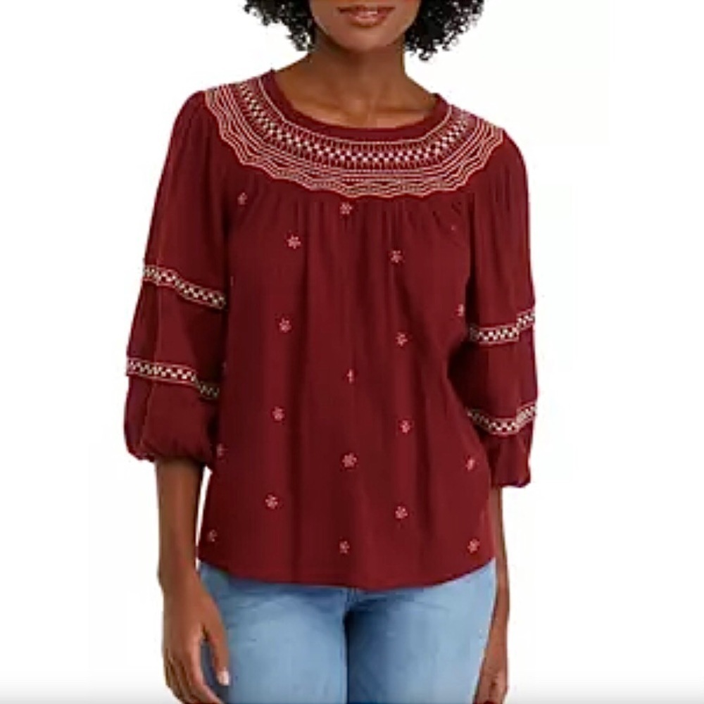 Wonderly Boho Embroidered Smocked Crepe Cotton Top